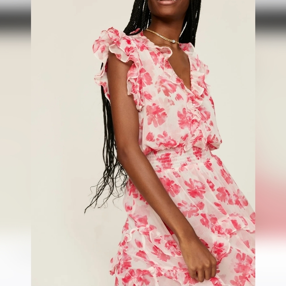 Misa LA Dakota Chiffon Floral Midi Dress XS Hi Lo Assymetrical Hem - Picture 4 of 13